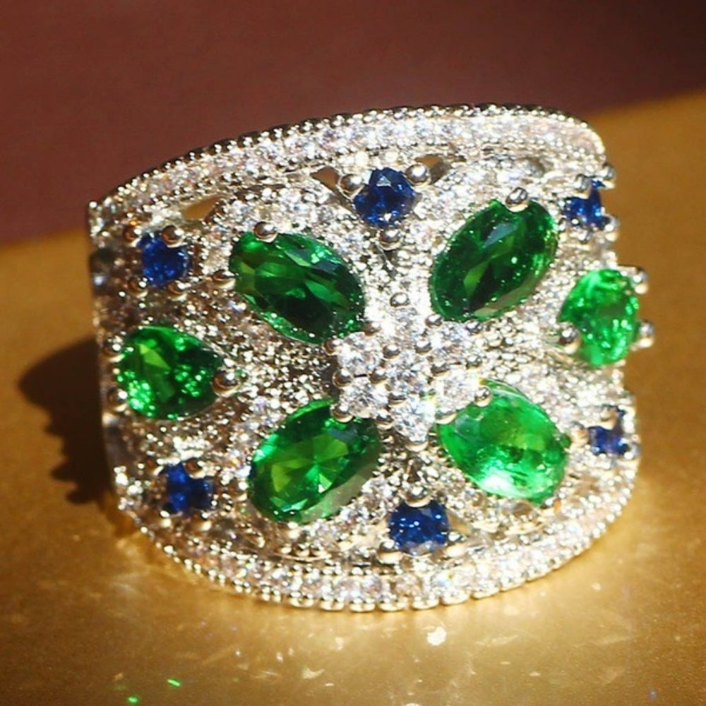 NEW Silver Emerald Sapphire Diamond Wide Band Ring